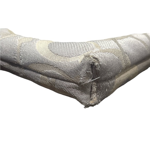 Grey cloth coach wristlet with leather accents and strap. Silver color. - Picture 6 of 11